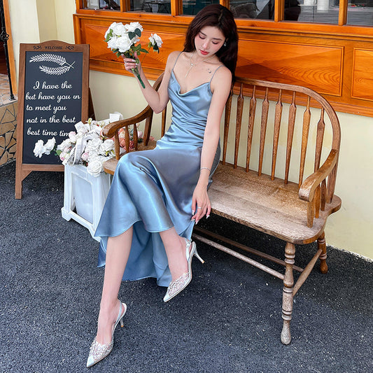 High-grade silk suspender dress for women, medium-length satin slim-fitting maxi dress R0981