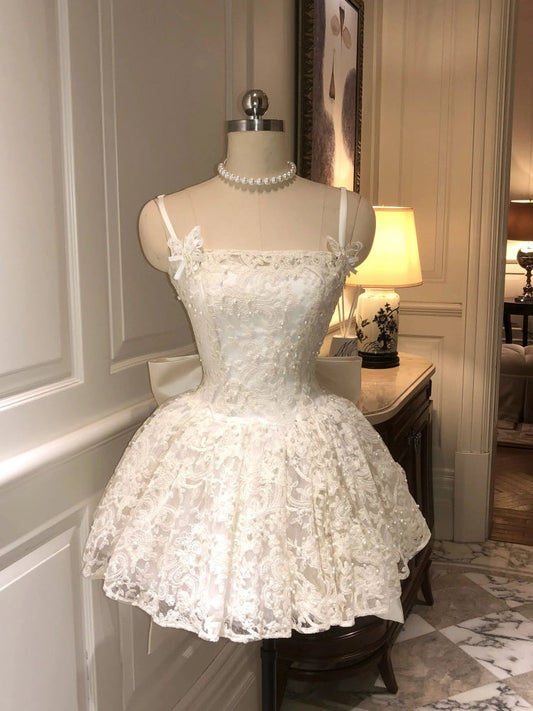 Lace bow strapless dress, summer dress, waist cinched princess puffy short skirt, homecoming dress R2994