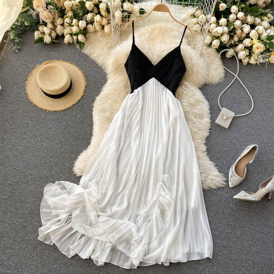 Holiday dress temperament V-neck contrast color stitching pleated big swing beach dress R2294