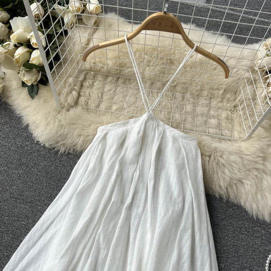 2025 summer new design niche sling holiday dress white beach dress halter dress R2299