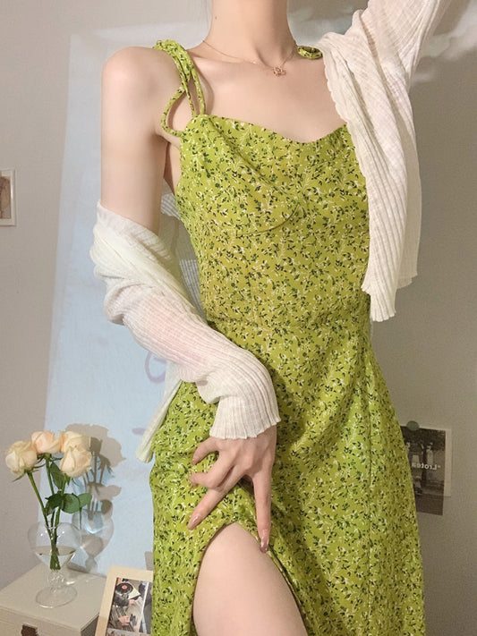 Green suspender skirt 2025 new seaside holiday design floral slit dress R0078