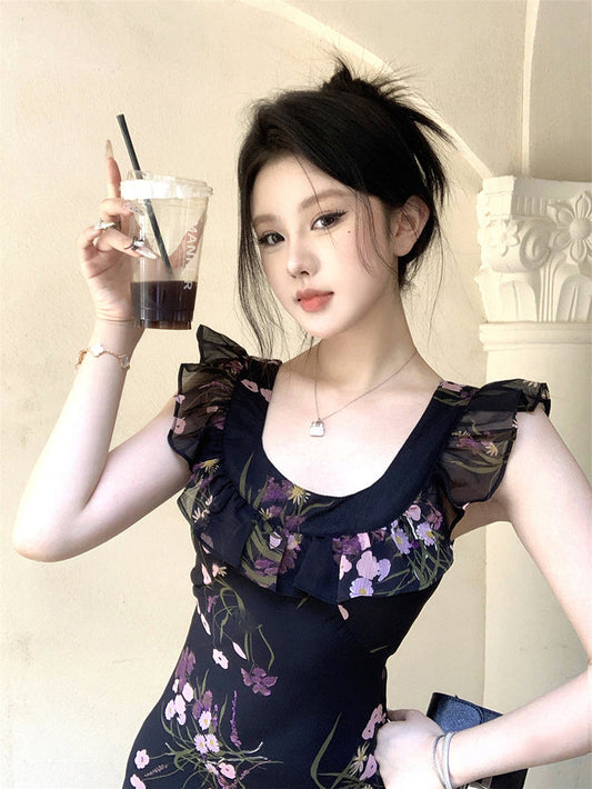 Holiday design small flying sleeves black floral dress slim fit temperament hip long skirt R1785
