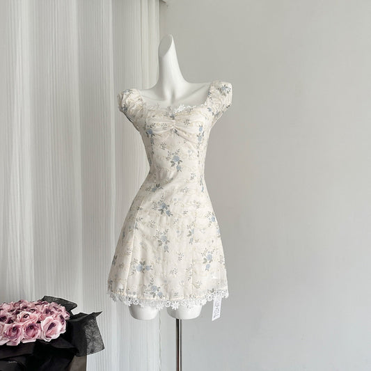 Hot love floral dress new style waist lace square neck short skirt R2074
