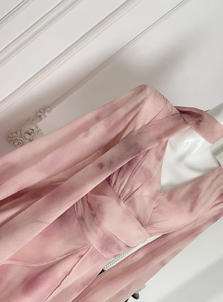 2025 summer new fairy dress temperament gentle style ribbon long sleeve v-neck dress R0272