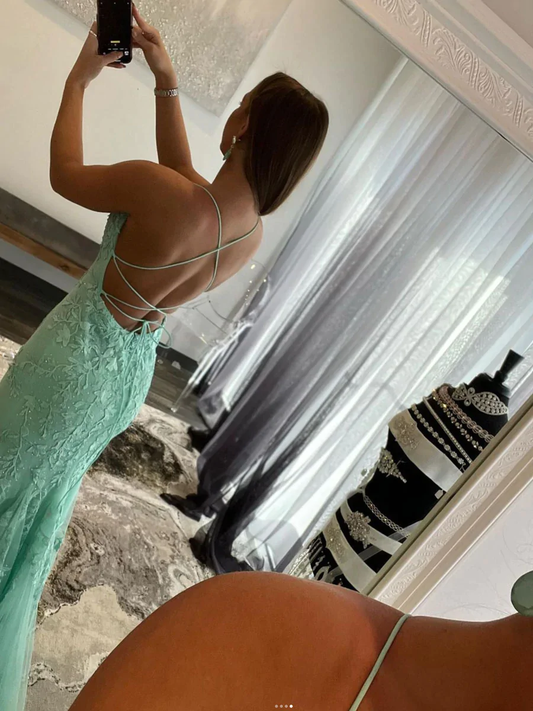 Green Lace Mermaid Long Prom Dress,Backless Formal Dress S2429