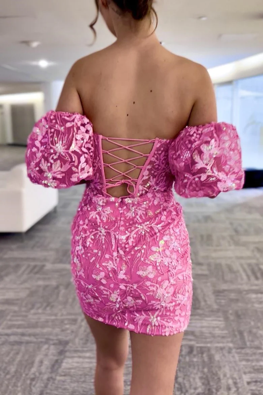 Hot Pink Sequin Lace Strapless Short Dress with Detachable Sleeves S3684