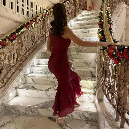 2 Pieces Elegant Evening Party Dresses Women Spaghetti Straps Mermaid Ruffles With Cape Sleeveless Prom Dresses S5249