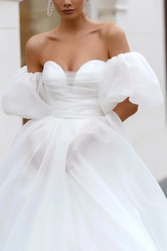 A line Sweetheart White Hall Casual Wedding Dress Minimalist Bride Dress