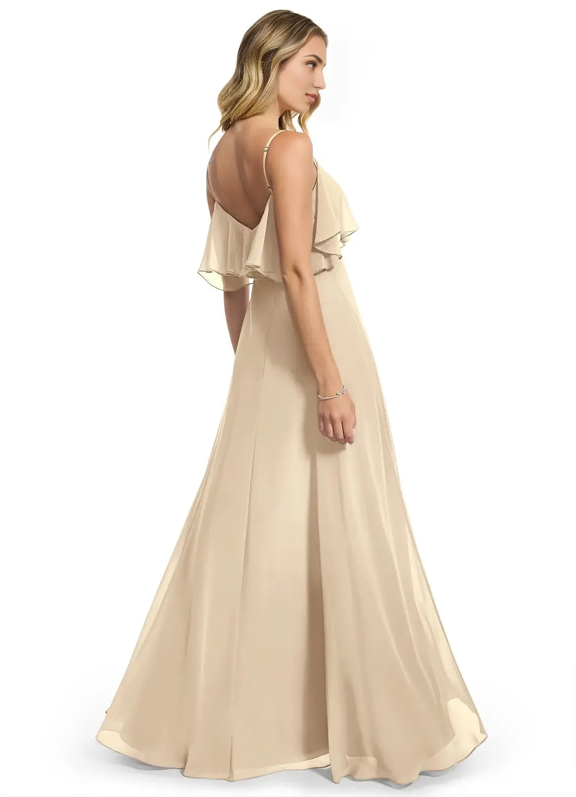 Romantic A-Line Chiffon V-Neck Ruffle Sleeve Open Back Floor Length Bridesmaid Dress