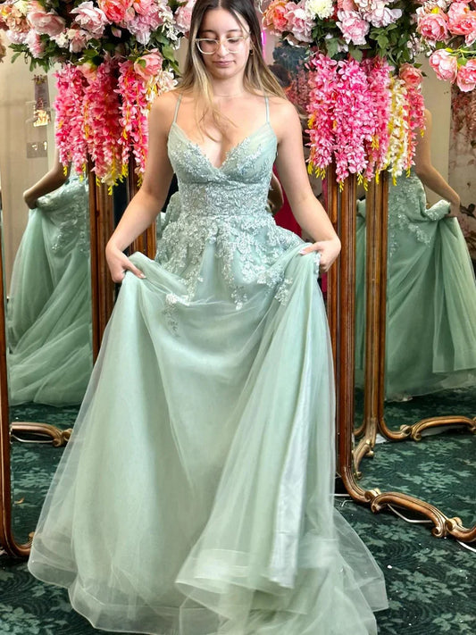 A Line V Neck Backless Sage Lace Long Prom Dresses with High Slit, Sage Lace Formal Dresses, Sage Evening Dresses S7194