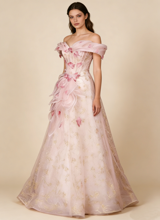 A Line Stunning Prom Dress Off Shoulder Floral Prom Dress Evening Gown Birthday Party Dress D3306