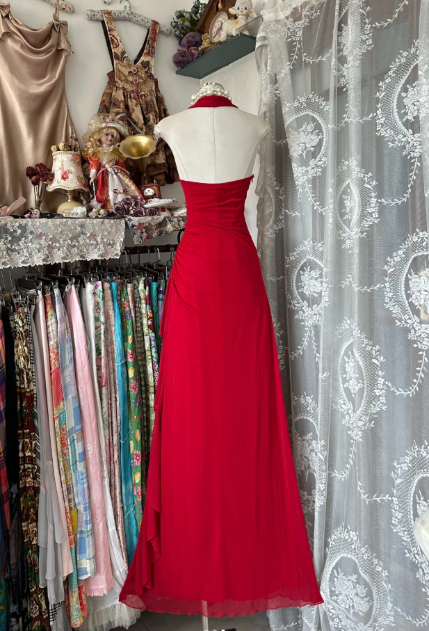 Charming Halter Red Chiffon Beaded Evening Dress Long Mermaid Party Gown