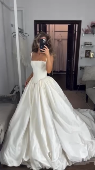 Pretty Spaghetti Straps Satin White Long Wedding Dress SP822