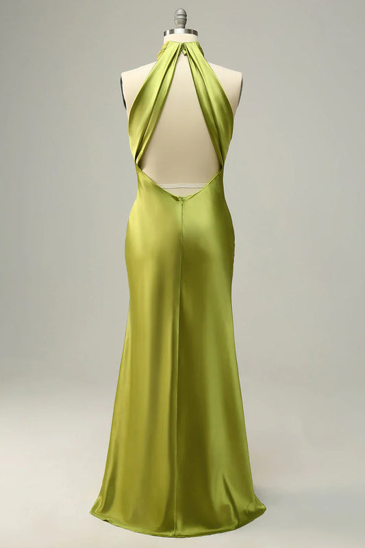 Hanging neck and backless lemon green long bridesmaid dress