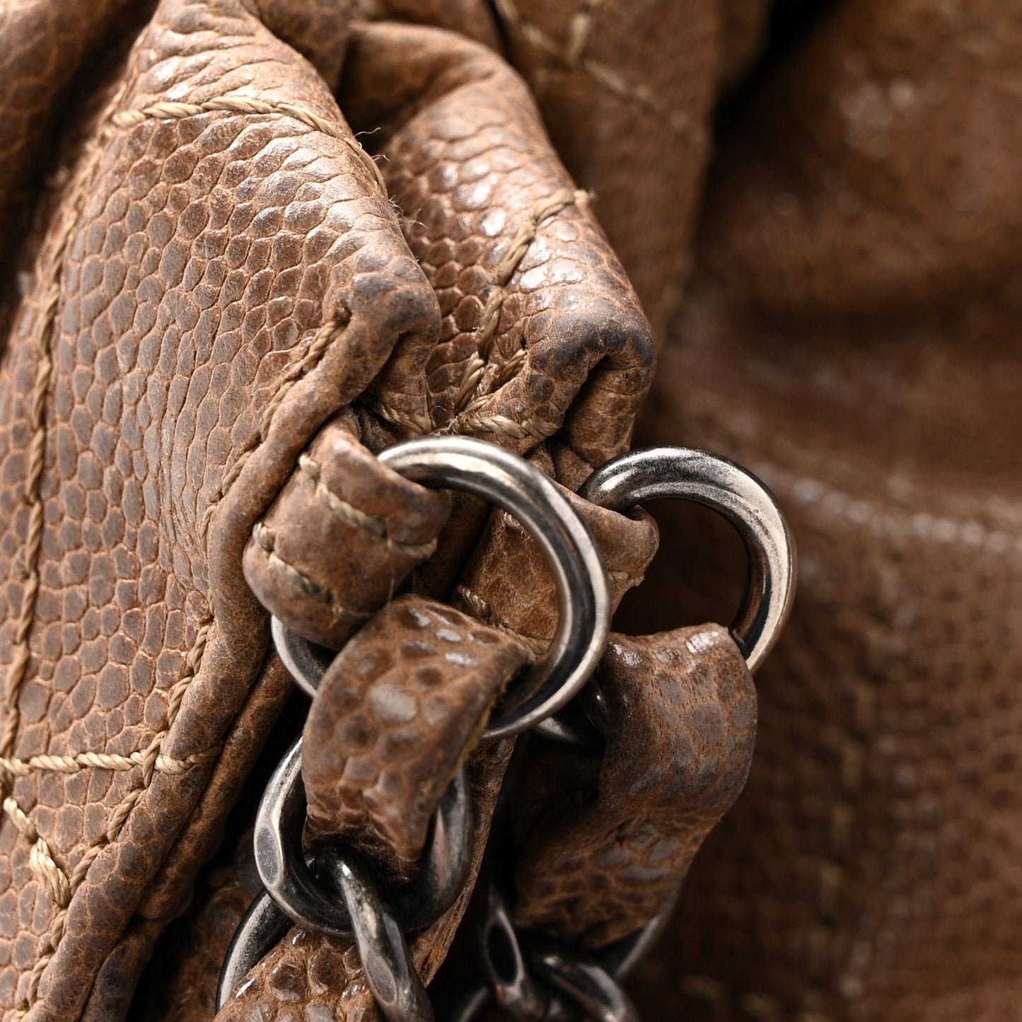 Distressed Glazed Caviar Quilted Large Elastic Tote Brown