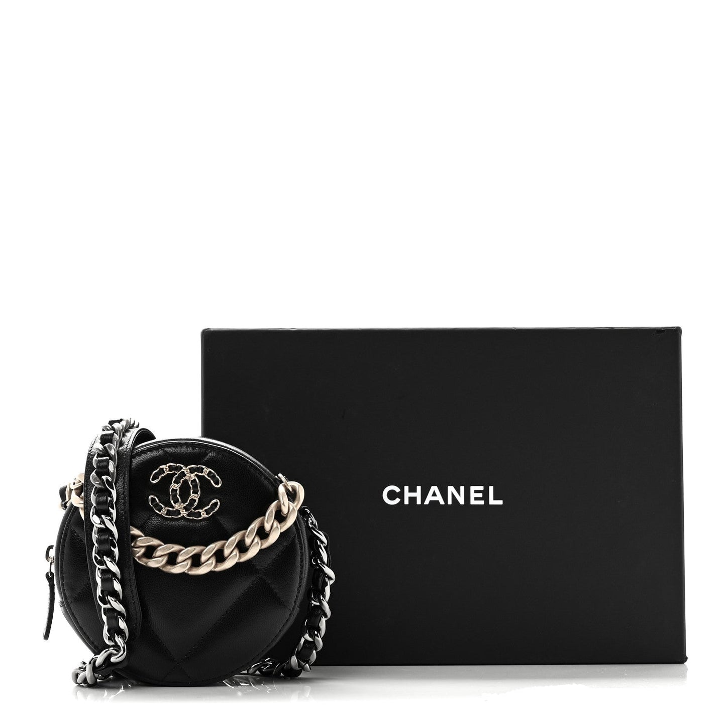 Shiny Goatskin Quilted Chanel 19 Round Clutch With Chain Black