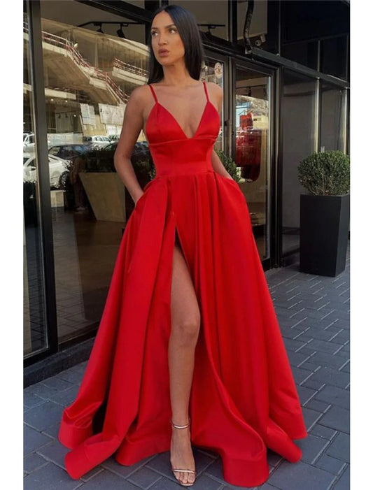A-Line Black Dress Plus Size Prom Dress High Split Evening Dress Formal Birthday Summer Dress Spaghetti Strap Sleeveless Sweep / Brush Train Satin with Pleats Split Front