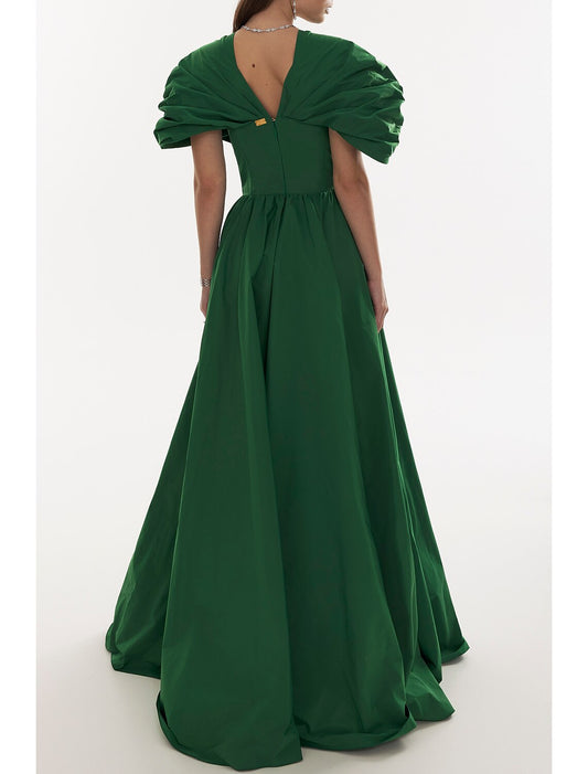 A-Line Evening Gown Elegant Christmas Red Green Dress Formal Black Dress Plus Size Fall Floor Length Short Sleeve V Neck Satin with Pleats 2026