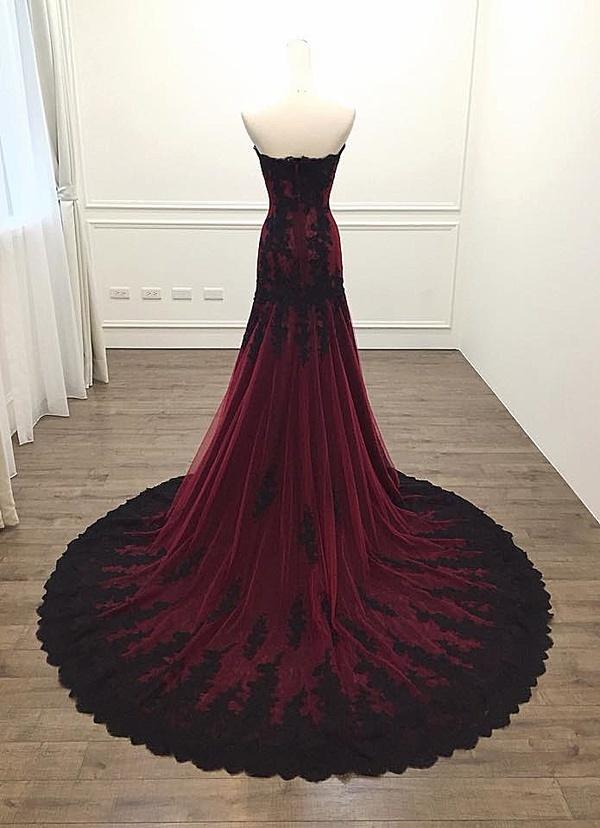 Black And Red Sweetheart Tulle With Lace Glam Prom Gowns Prom Dress, Long Prom Dresses