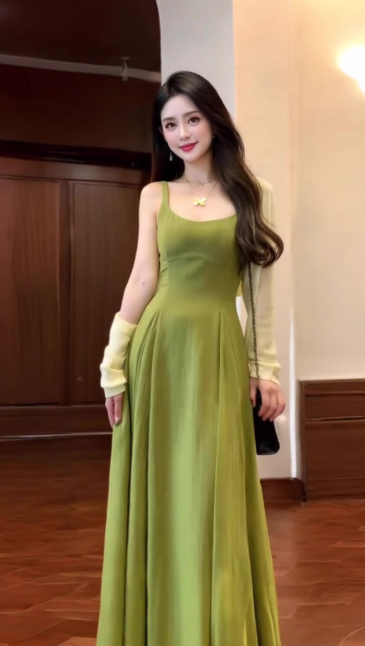 High-grade green square-neck suspender dress, gentle style, beautiful waist temperament long dress R0471