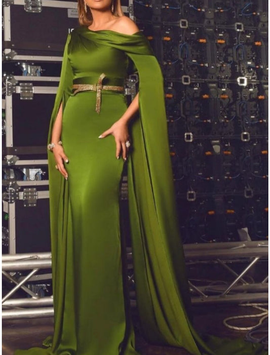 A-Line Evening Gown Elegant Dress Formal Court Train Long Sleeve Off Shoulder Satin with Pleats Ruched Sequin