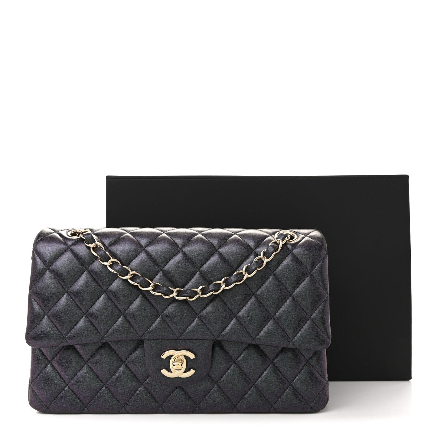 Iridescent Lambskin Quilted Medium Double Flap Black