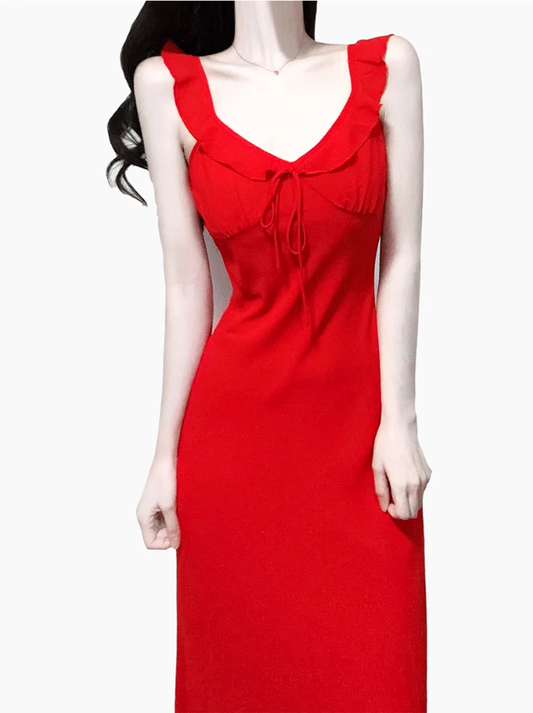 2025 Summer New Red Sexy Dress V-neck Date High-end Holiday Dress R0936