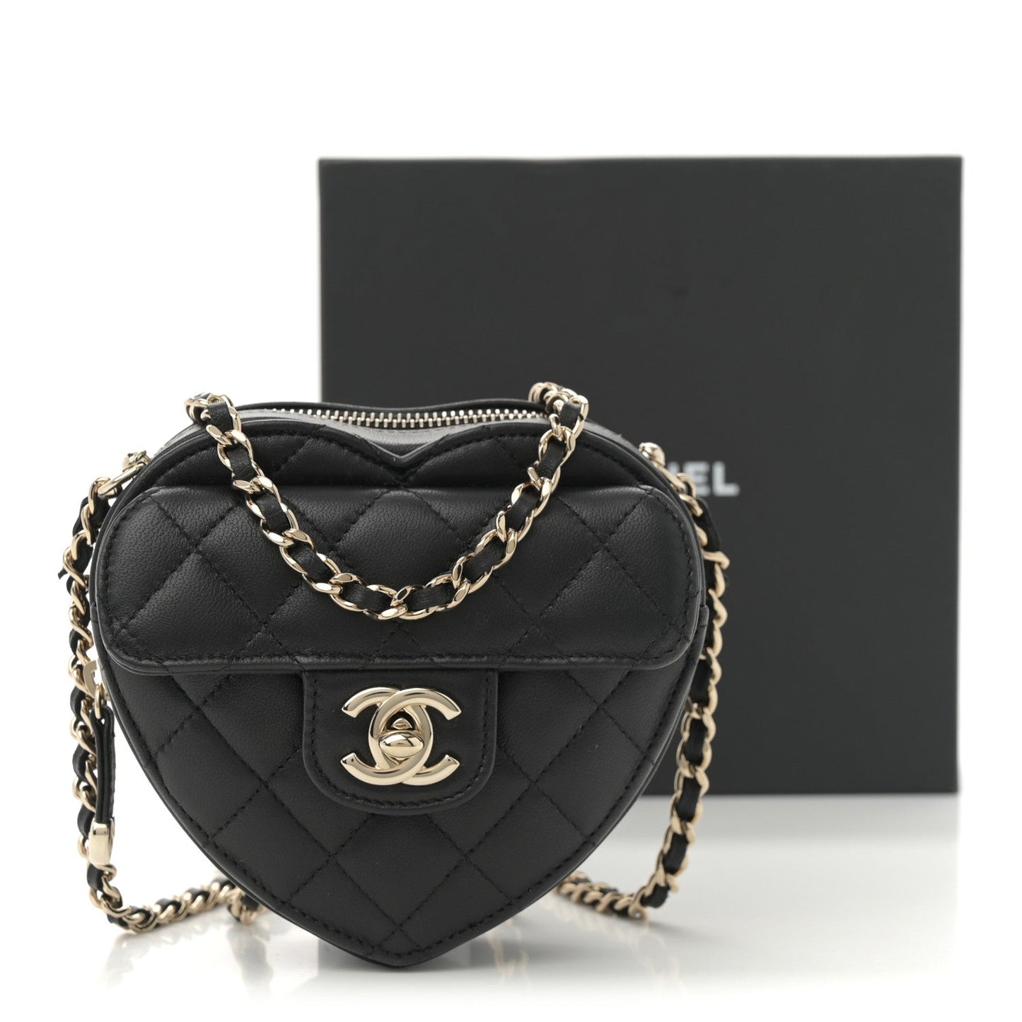 Lambskin Quilted CC In Love Heart Clutch With Chain Black