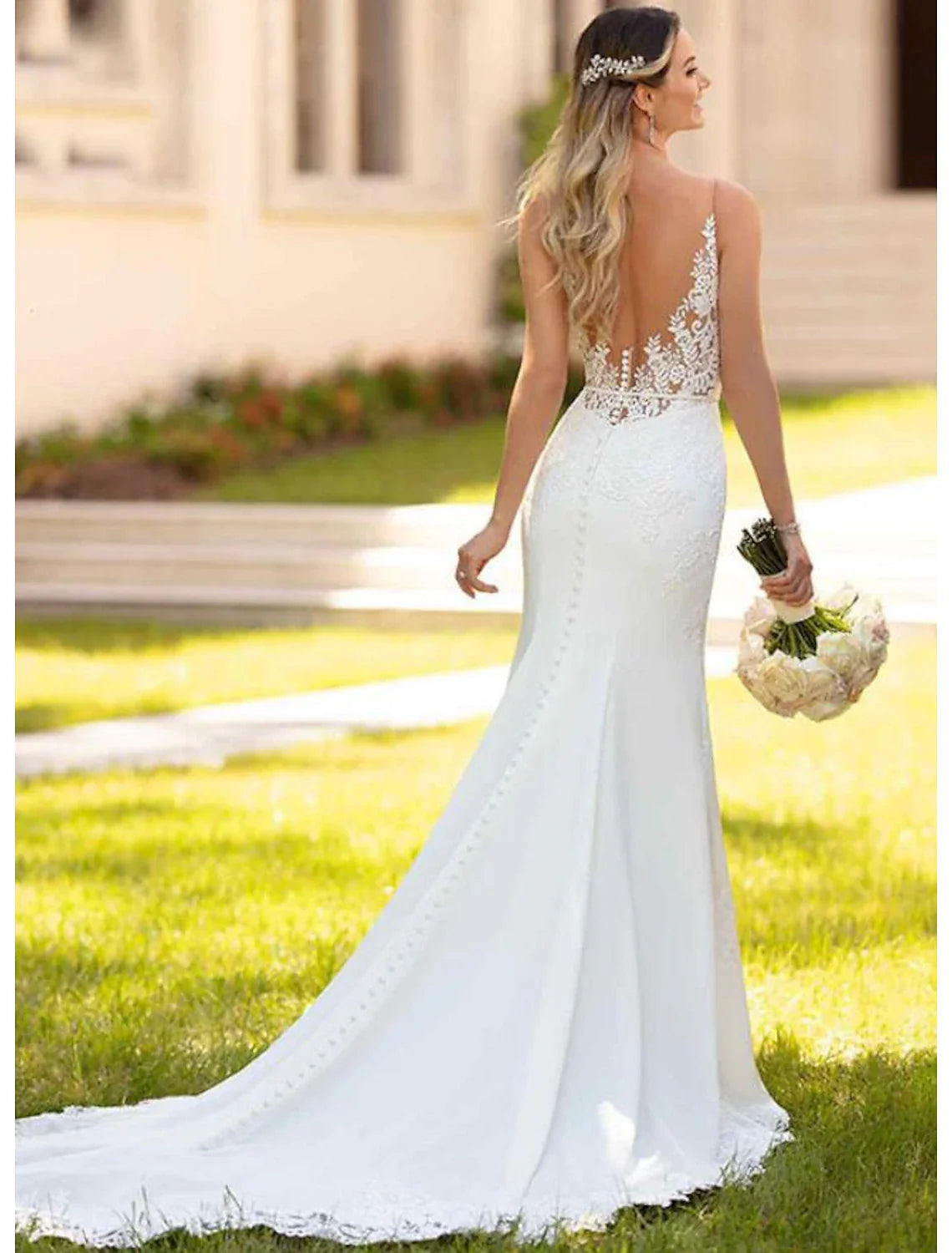 Engagement Open Back Sexy Formal Wedding Dresses Mermaid / Trumpet V Neck Sleeveless Court Train Lace Bridal Gowns With Appliques Summer Wedding Party Women's Clothing