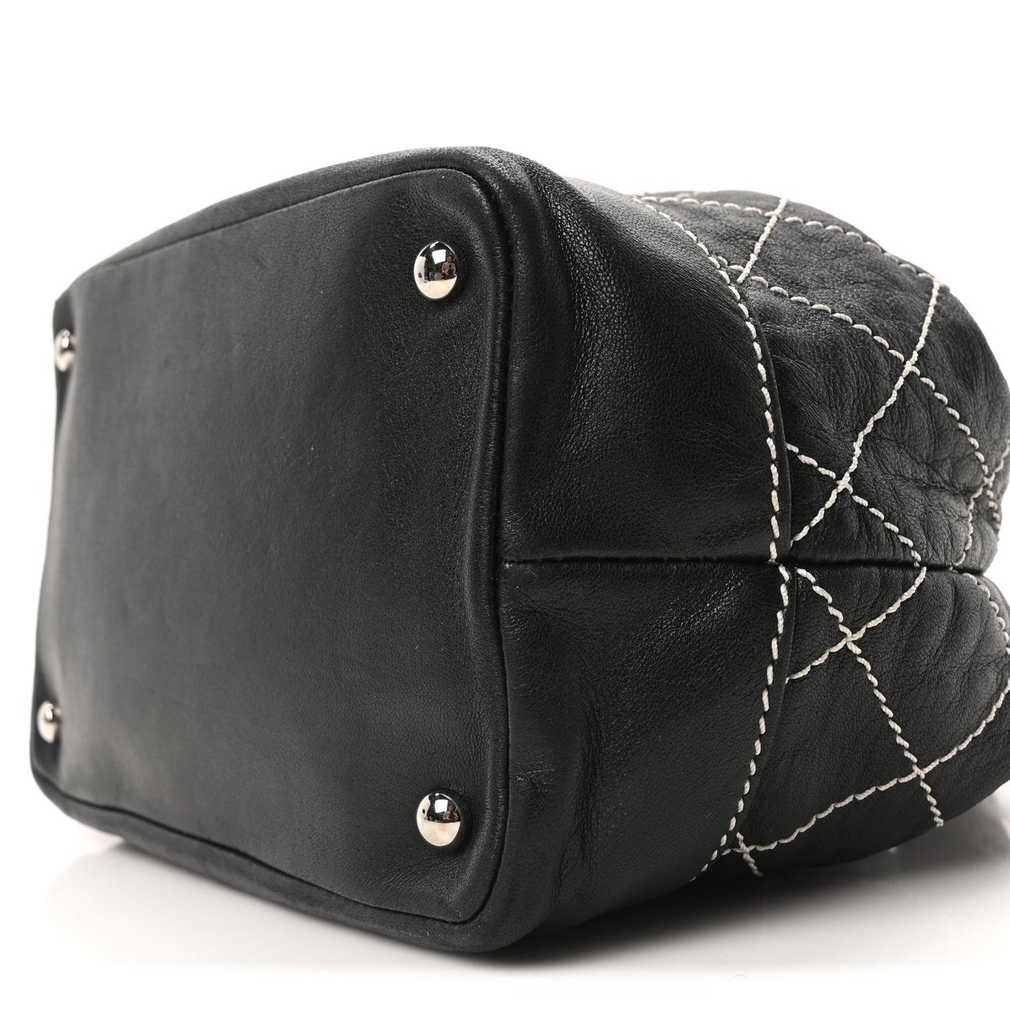 Calfskin Contrast Stitch Surpique Bucket Bag Black
