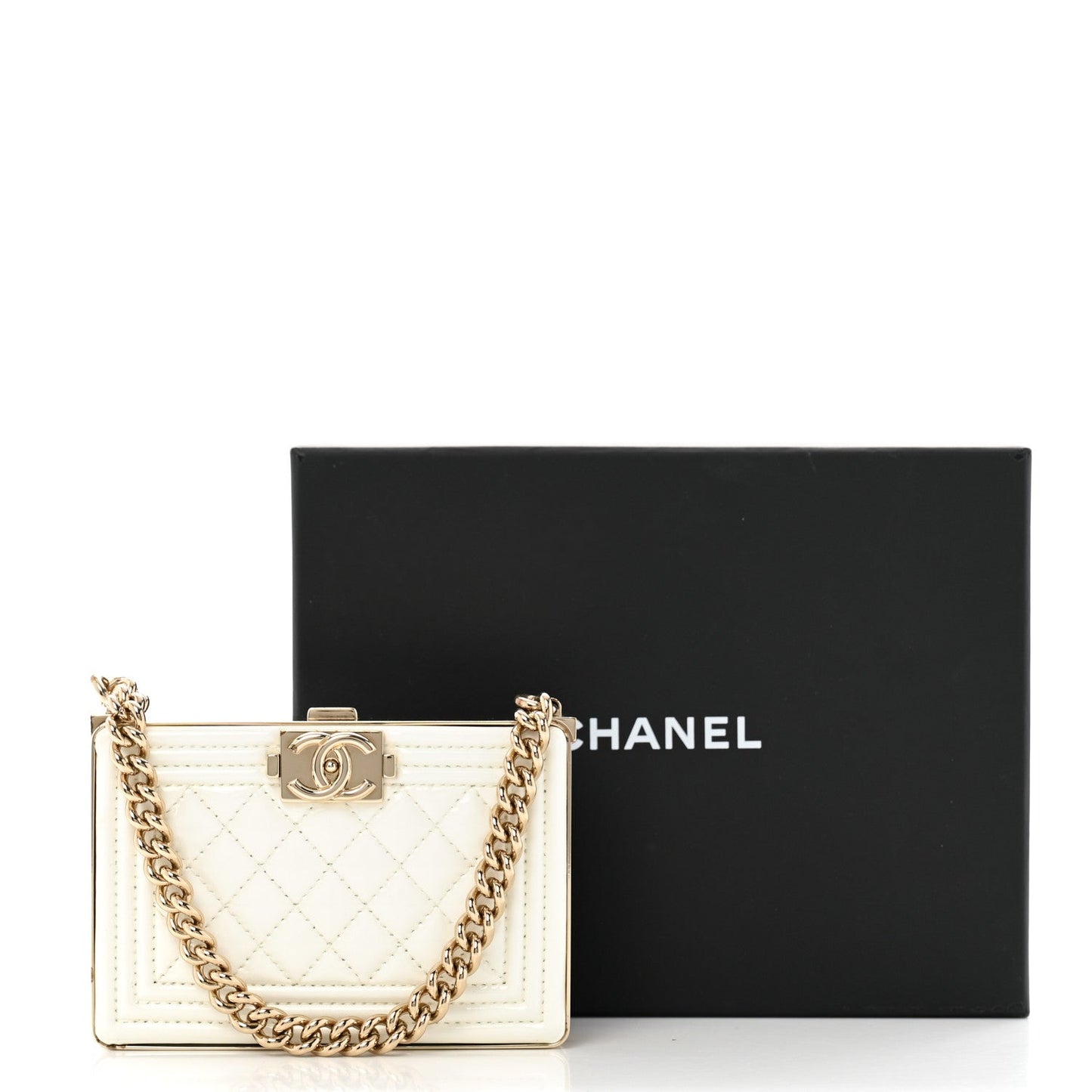 Patent Calfskin Boy Minaudiere White