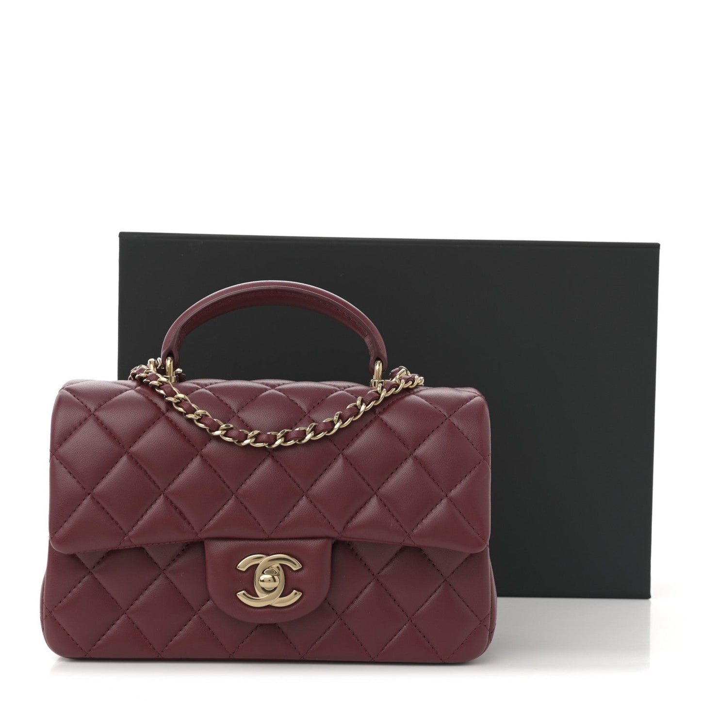 Lambskin Quilted Mini Top Handle Rectangular Flap Burgundy