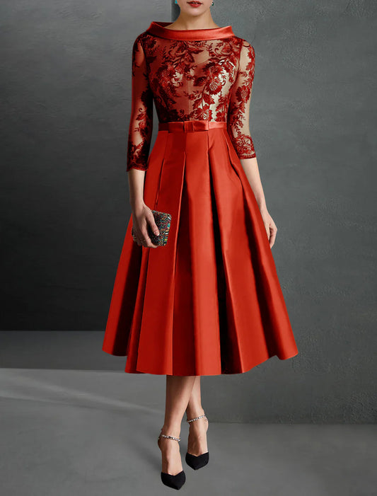 A-Line Cocktail Dress Christmas Red Green Dresses Formal Kentucky Derby Tea Length 3/4 Length Sleeve Jewel Neck Fall Wedding Guest Satin with Pleats Appliques 2026