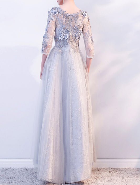 A-Line Evening Gown Elegant Dress Wedding Guest Formal Evening Floor Length 3/4 Length Sleeve Jewel Neck Tulle with Appliques