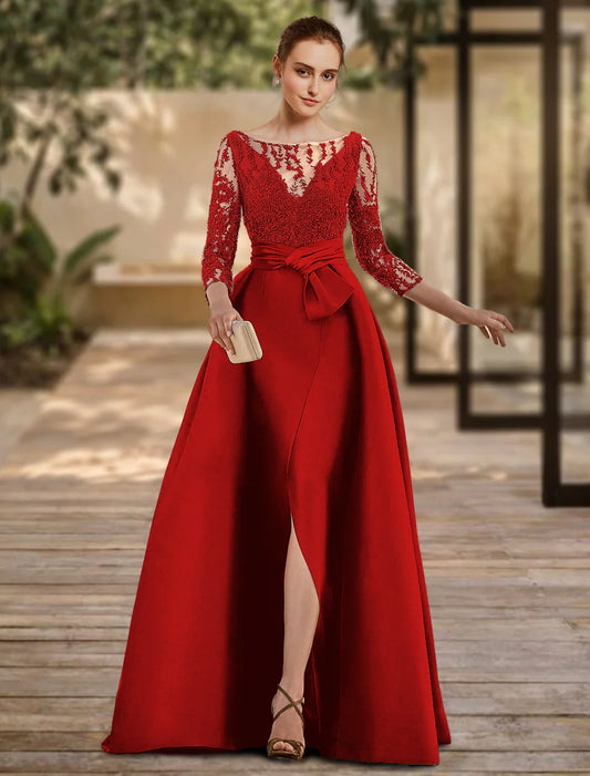 A-Line Evening Gown Open Back Dress Formal Wedding Guest Floor Length 3/4 Length Sleeve Scoop Neck Lace with Slit Strappy 2026