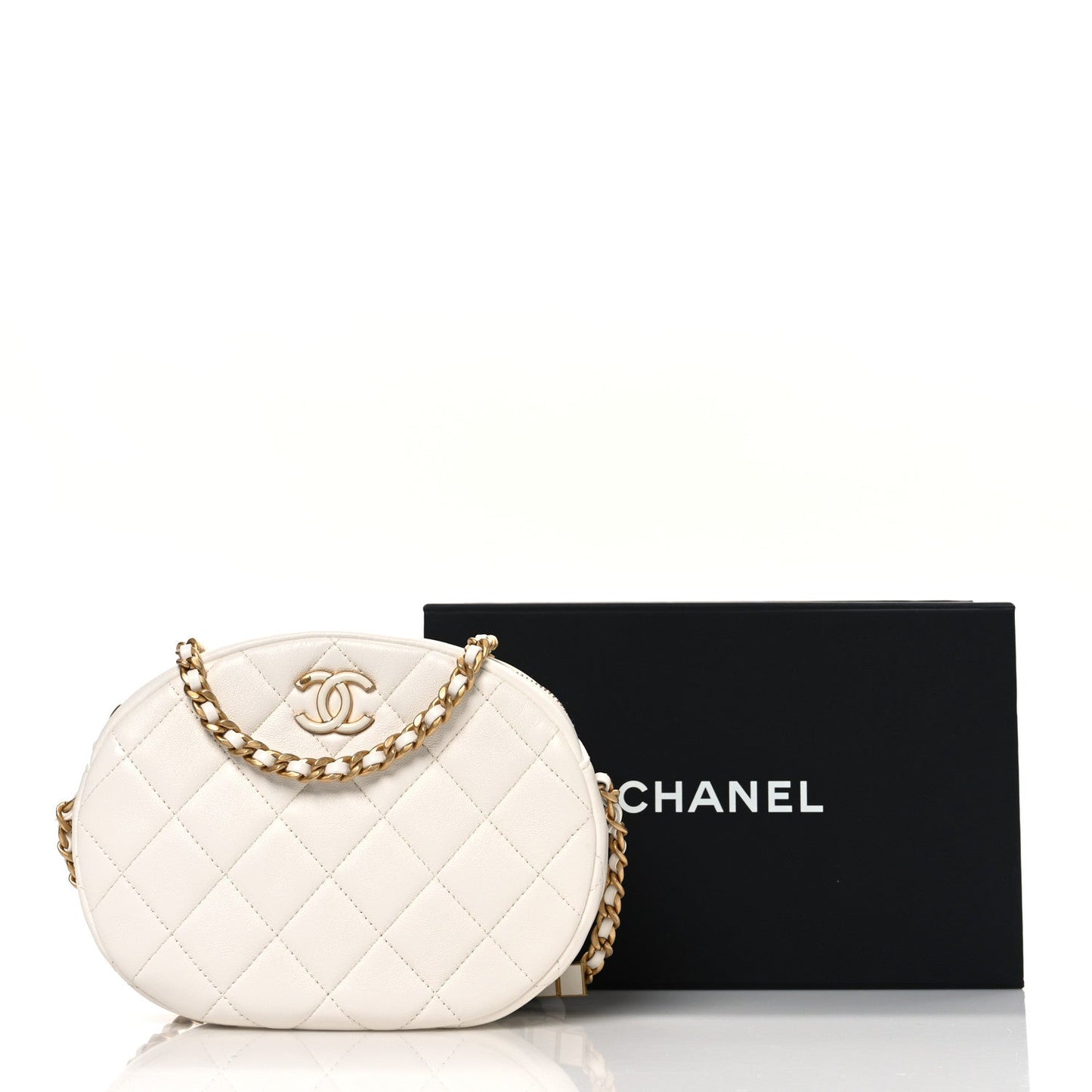 Lambskin Enamel Quilted Mini Clip Round Camera Case White