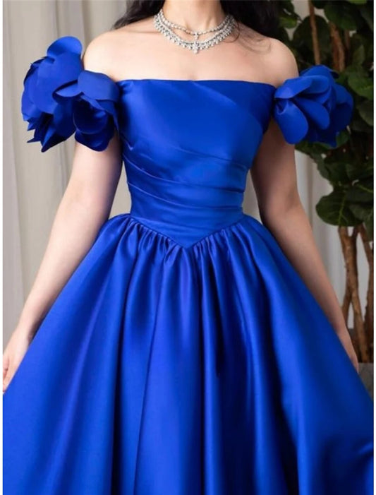 A-Line Evening Gown Elegant Dress Formal Sweep / Brush Train Short Sleeve Off Shoulder Satin with Pleats Ruched