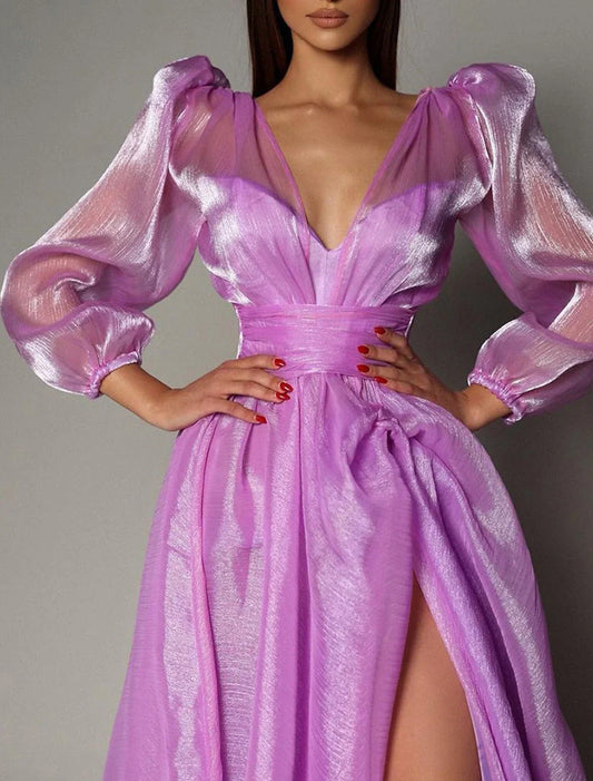 A-Line Evening Gown High Split Dress Wedding Guest Masquerade Court Train Long Sleeve V Neck Organza with Slit 2026