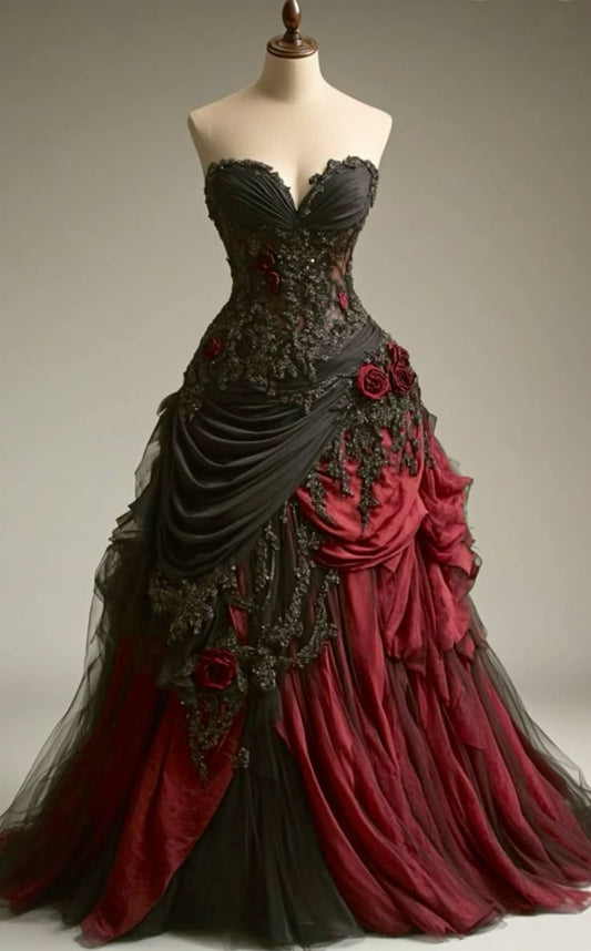 Gothic Victorian Wedding Dresses, Pleated Floral Rose 3D Custom Black Burgundy Gowns
