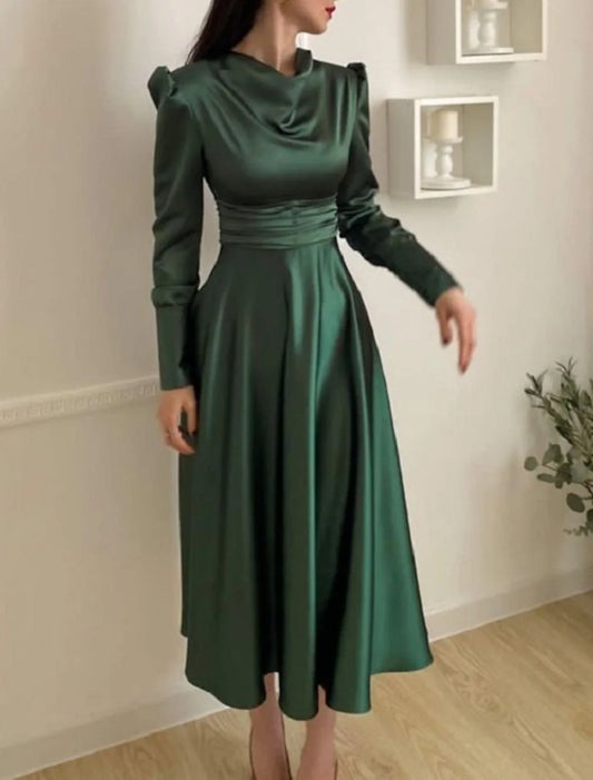 A-Line Cocktail Dress Christmas Red Green Dresses Elegant Dress Wedding Guest Fall Tea Length Long Sleeve Cowl Neck Bridesmaid Dress Red Green Dress Satin with Ruched