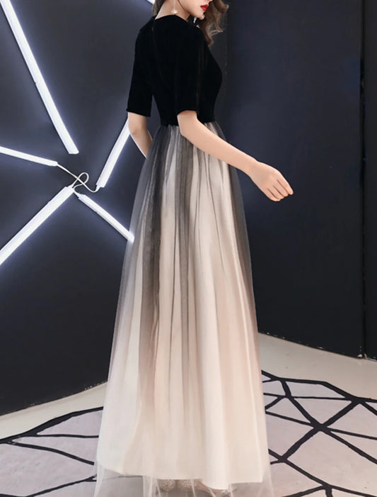 A-Line Evening Gown Minimalist Dress Wedding Guest Engagement Floor Length Half Sleeve V Neck Tulle with Sleek