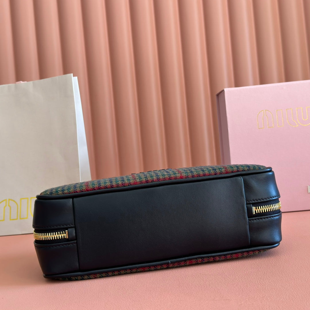 Miu Beau Tartan Top-Handle Bag 28cm Black with Multicolor Wool Leather