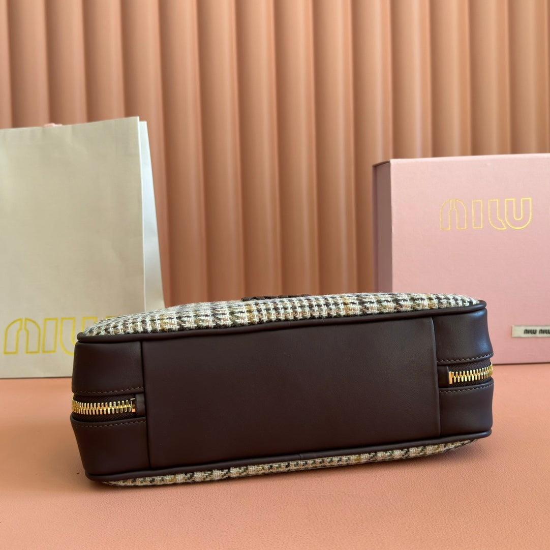 Miu Beau Tartan Top-Handle Bag 28cm Chocolate with Multicolor Wool Leather