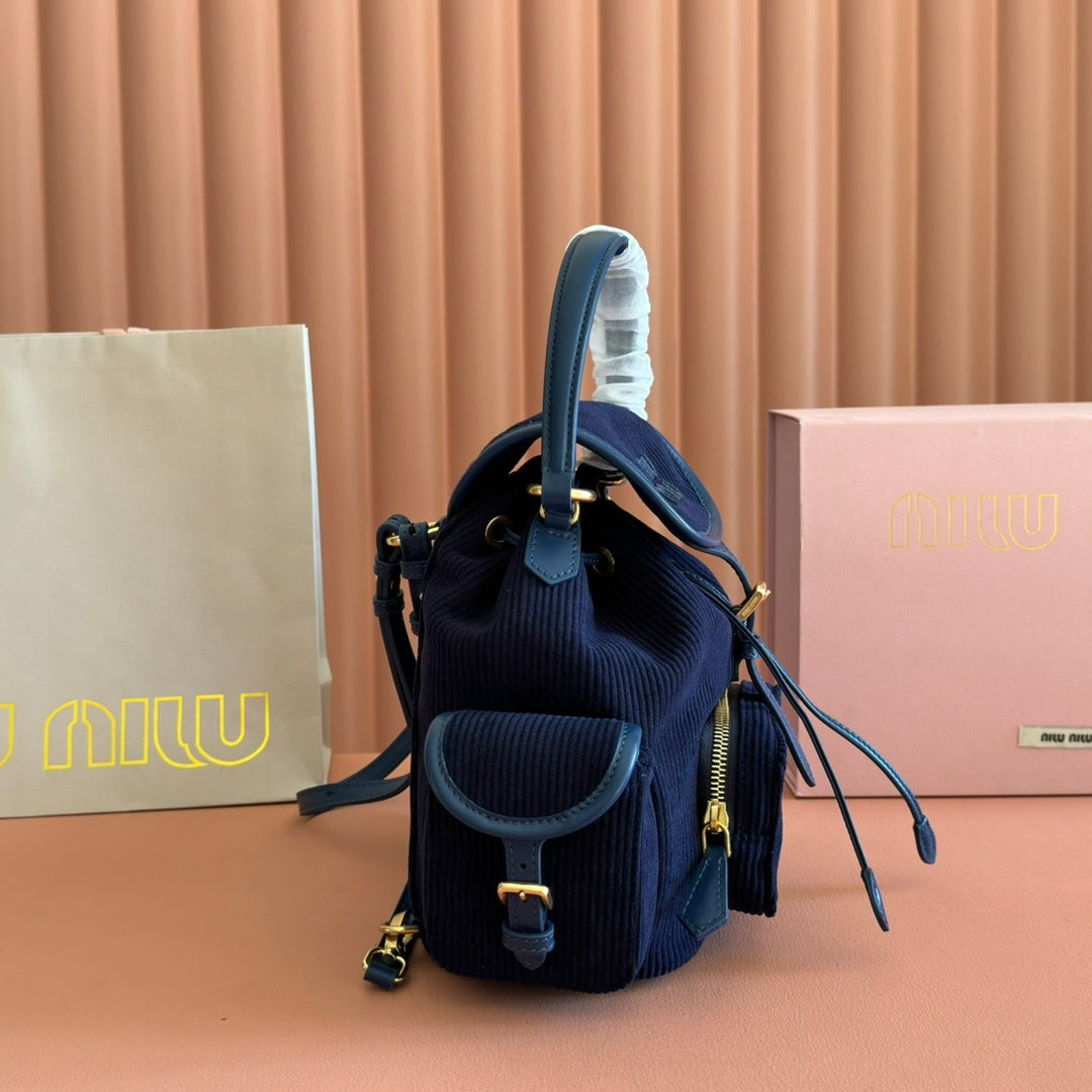 Miu Small Corduroy Backpack Navy Blue Leather-Trim