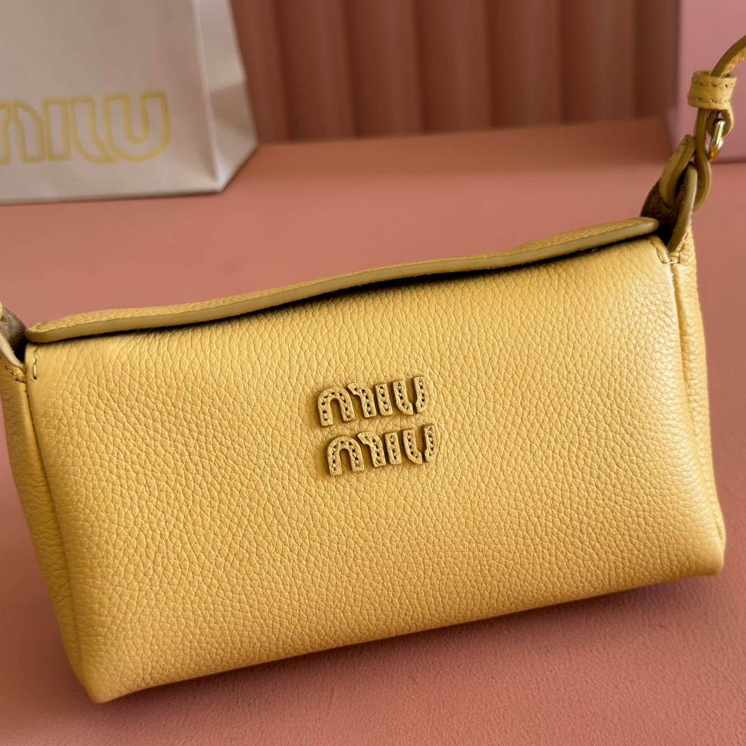 Miu Japan Pop-up Crossbody Bag 18cm Yellow Cowhide