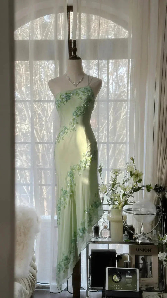 Ivory/Green Vintage Fashion One Shoulder Exquisite Beaded Long Chiffon Ball Gowns Birthday Prom Dress Cocktail Prom Dress Prom Dress