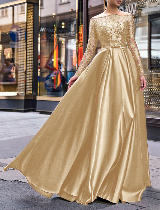 A-Line Evening Gown Party Dress Christmas Red Green Dress Elegant Dress Wedding Guest Fall Floor Length Long Sleeve Off Shoulder Belt / Sash Satin with Appliques 2026