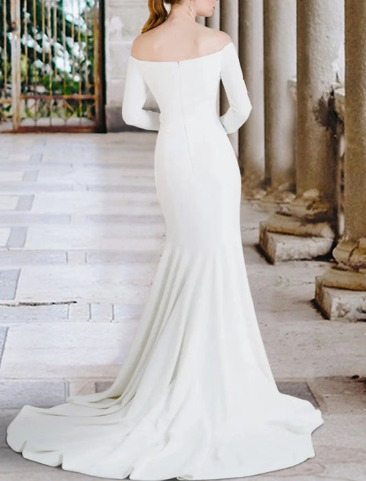 Hall Simple Wedding Dresses Mermaid / Trumpet Off Shoulder Long Sleeve Court Train Fabric Bridal Gowns With Solid Color