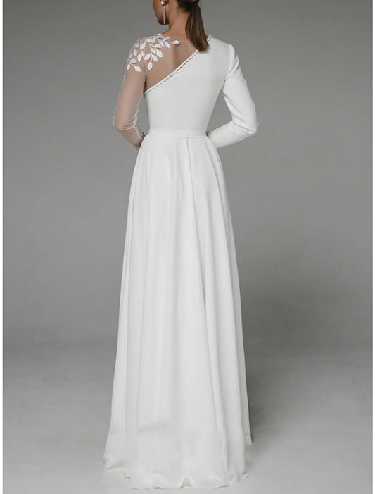 A-Line Evening Gown Party Dress Formal Floor Length Long Sleeve Jewel Neck Chiffon with Pleats Slit Appliques 2026