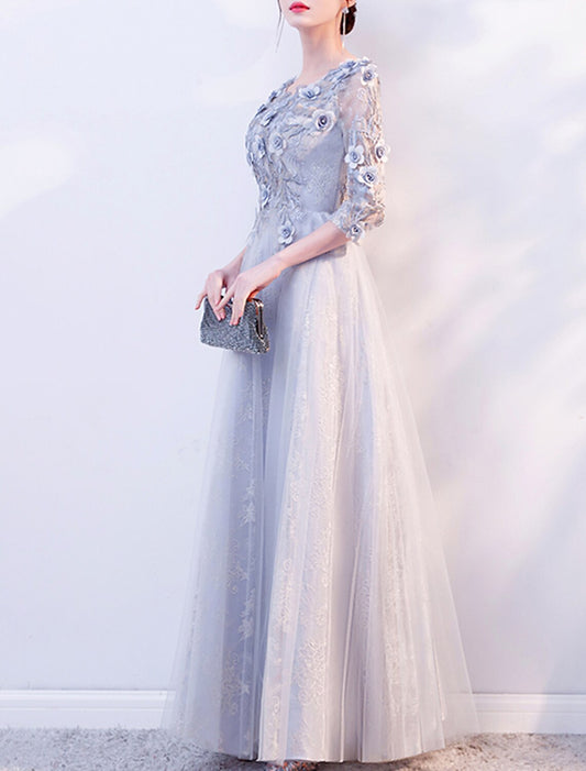 A-Line Evening Gown Floral Dress Wedding Guest Formal Evening Floor Length 3/4 Length Sleeve Jewel Neck Tulle with Appliques 2026